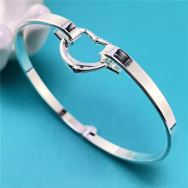 925 Silver Heart Bangles Bracelet Womens Fashion Charm Open Bangle Jewelry B031