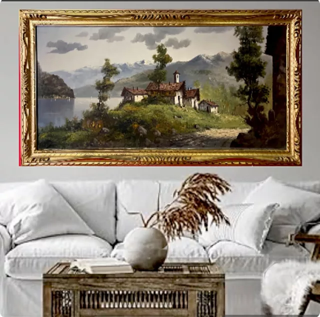 quadro antico 900 dipinto a olio su tela grande paesaggio montano con cornice ad