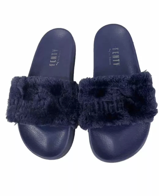 Women Puma Fenty by Rihanna Leadcat Blue Faux Fur Slip-On Slides Size 7