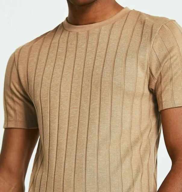 T Shirt Uomo River Island Beige A Costine Muscle Fit Taglia Uk L Nuova Con Etichette