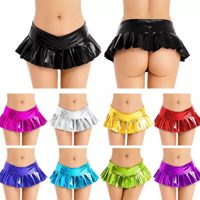Women Sexy Lingerie Shiny Metallic Low Rise Micro Skirt Rave Ruffled Mini Skirt