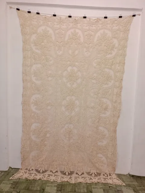 Vintage Gorgeous Linen Lace Table Cloth Needle Work Hand Embroidery 7'7"×4'10"FT
