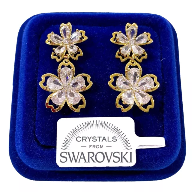 Doble Flor Pendientes de Mujer Pl. Oro Amarillo 18K con Cristales Swarovski S74