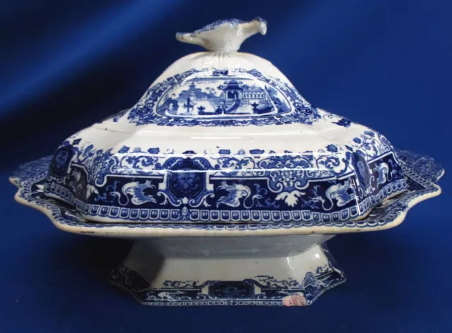 Large Staffordshire Flow Blue Pedestal Tureen Chinese Gem Pattern Bird Finial