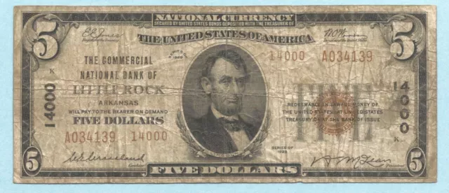 $5 National Currency 1929 Type 2 Ch#14000 Commercial NB, Little Rock, AR - Fine