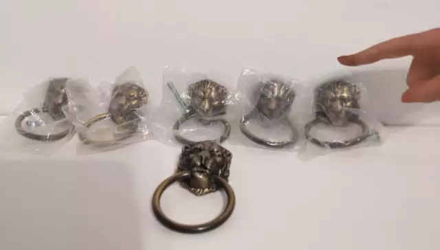 Lot of 6 Vintage Allison Antique Brass Lion Head Drop Ring Drawer Pull Japan888