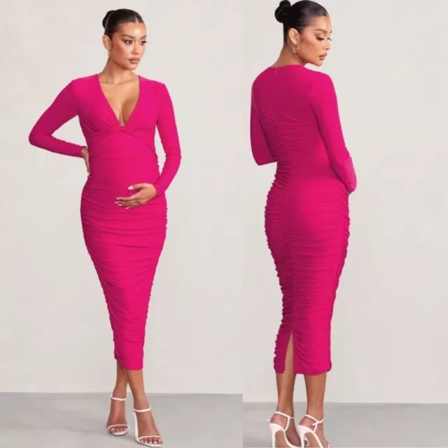 Club L London Renee Hot Pink Twist Front Plunge Midi Maternity Dress Plus Sz 16