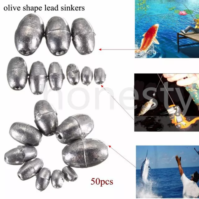 50PC Olive Shape Weights Lead Sinkers Pure Lead Making Sea Fishing Sinker Tackle