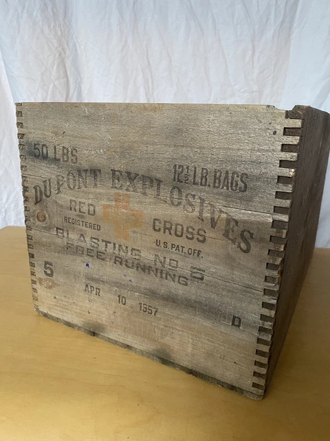 Vintage High Explosives Crate DuPont Red Cross Powder Dynamite Wood Box Crate