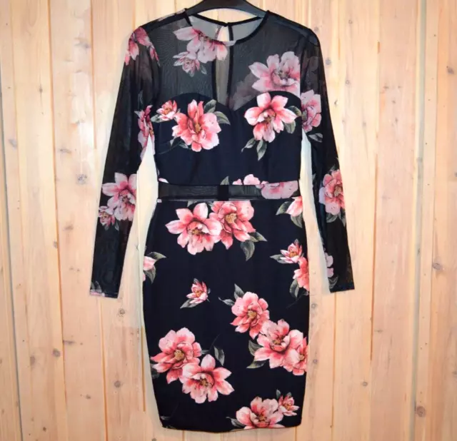 New Look Size 10 Black Pink Floral Long Sleeves Dress Wedding Guest Races Party