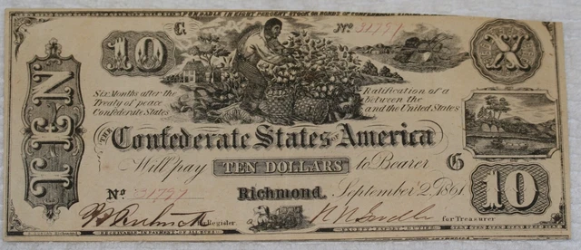 1861 $10 Confederate States of America CSA Note Currency