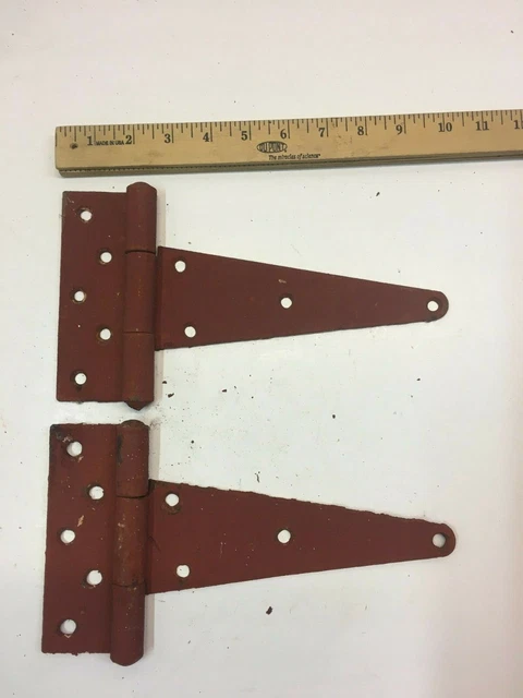 2 Vintage 10'' Farm Barn Door Gate Hand Forged Strap Hinges Great Red Patina