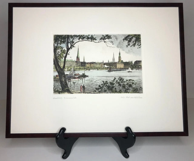 ORIGINAL HANDKOLORIERTE RADIERUNG Aussenalster in Hamburg Signiert