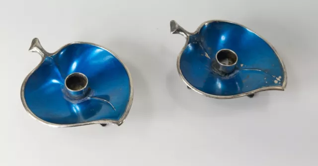 Mid-Century Modern Vintage Danish Blue Enamel Silver Candle Holders As Is
