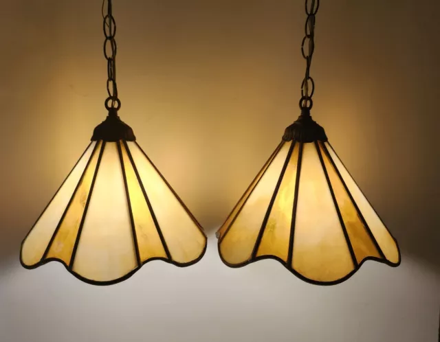 Pair Vintage Ceiling Lamp Slag Glass Carmel Ceiling Fixtures 11.5” Swag Pendants