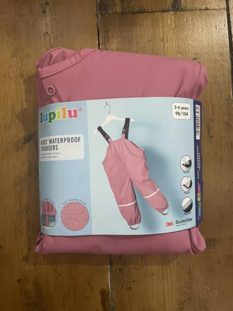 BNWT LUPILU Girls Pink Waterproof Fleece Lined DUNGAREE TROUSER 2-3-4 PUDDLESUIT