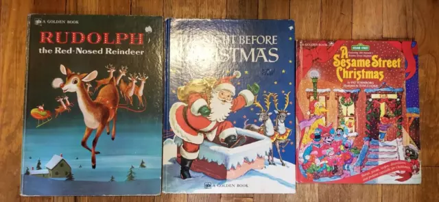 Lot 3 vintage Big Golden Books Christmas Night Before Christmas Rudolph Sesame