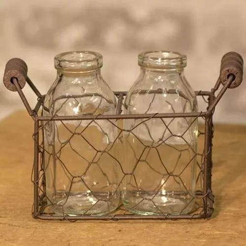 Chicken Wire Basket Two Bottle Rustic  Primitive Colonial Americana Sweet!!