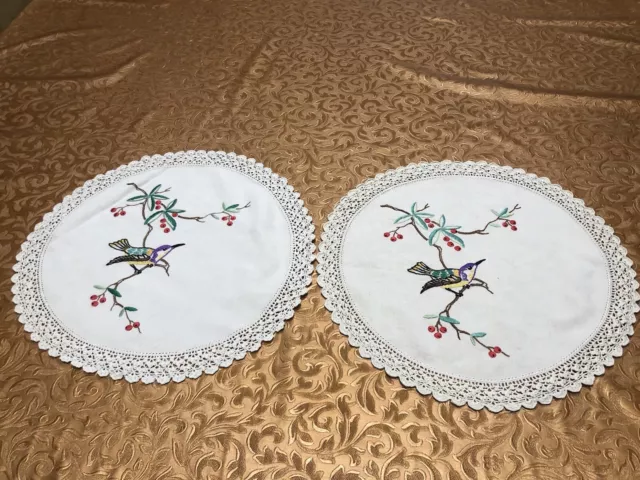 Vintage Pair Of Hand Embroidered Doilies With Delightful Birds On A Cherry Tree