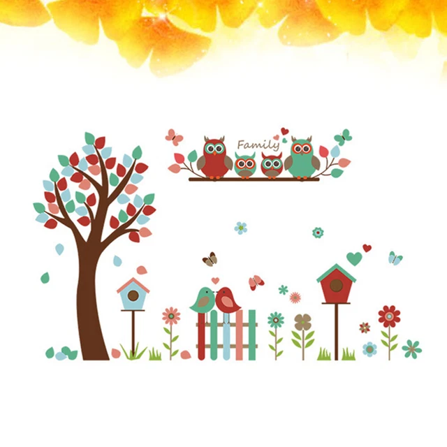 Pegatina de pared para niños habitación de bebé dibujos animados búho familia valla pájaros flores árbol calcetín