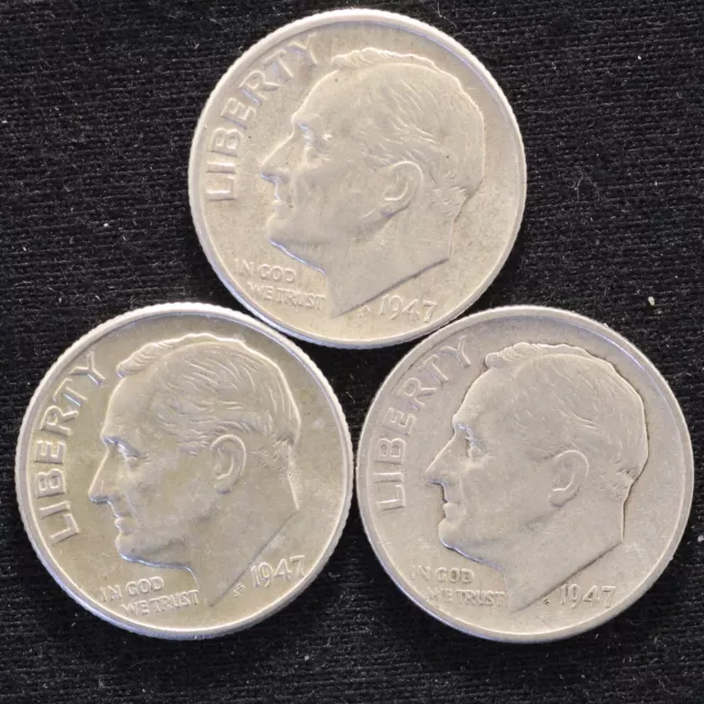 Lot of 3: 1947 P,D,S Roosevelt Dimes ~ 90%Silver  (US941)