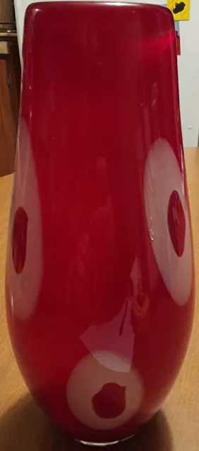 Vintage Murano Style Red Oblong White Circles Cased Glass Vase 11" MCM Retro...