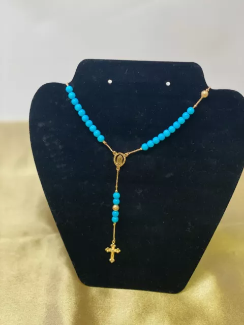 14K Gold Plated 21" Rosary Necklace W/Blue Beads And Lady Of Guateloupe