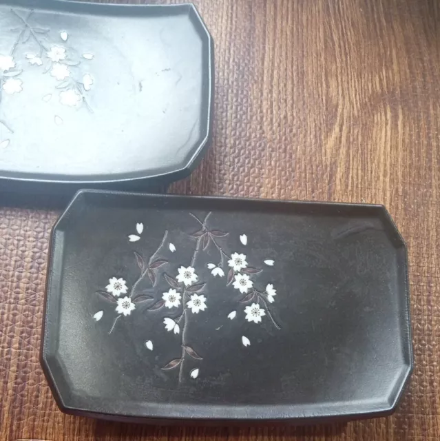 KAFUH, Sousaku, JAPAN, Black Sakura Cherry Blossom sushi plates Set Of 2