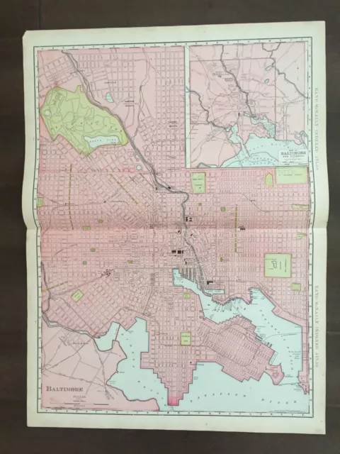 Large 20 3/4" X 14 3/4" COLOR Rand McNally Map of Baltimore, MD -1905