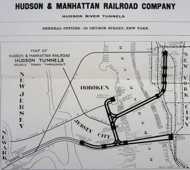 VINTAGE NEW YORK City Map Hudson & Manhattan Railroad Company NJ