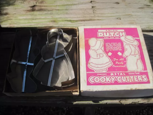 AMISH Metal Vintage Cooky Cutters in Original Box, Girl and Boy, approx. 6" tall