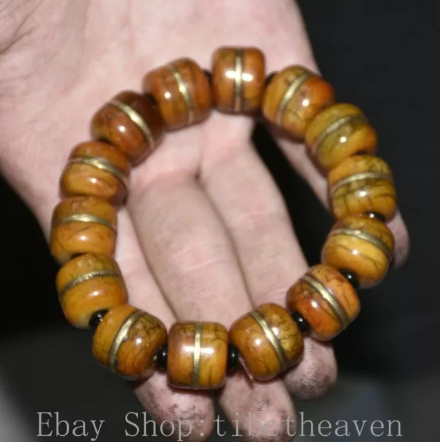 3.6” Rare Old Chinese Beeswax Carving Palace Gilt Bead Jewelry Bracelet