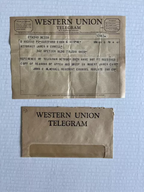 Vintage 1958 Western Union Telegram Between 2 Lawyers