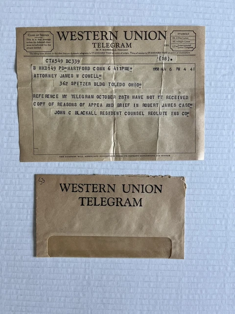 Vintage 1958 Western Union Telegram Between 2 Lawyers