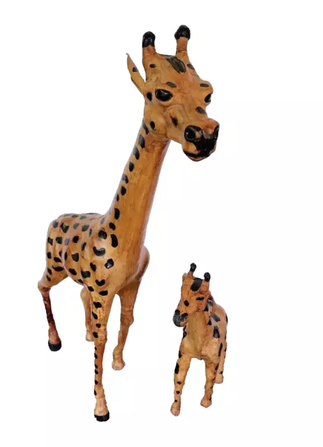 Vintage Leather Wrapped Giraffes Large 17” & 9.5" Tall Statues Figures Lot of 2