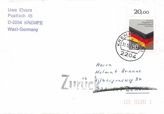 683479) Bund Postkriegbeleg mit Nr.1285 40 Jahre Eingliedrung Heimatvertriebene