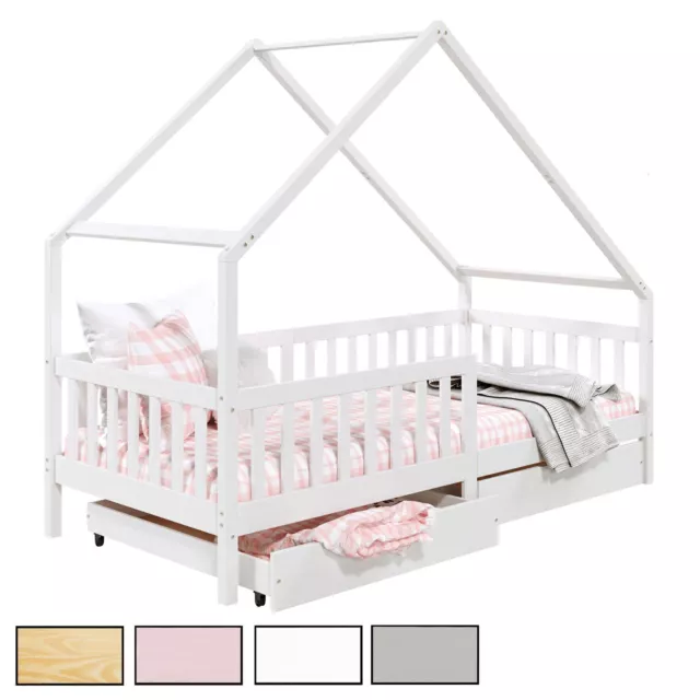 Lit cabane asymétrique pour enfant avec tiroirs 90x190 cm en pin massif