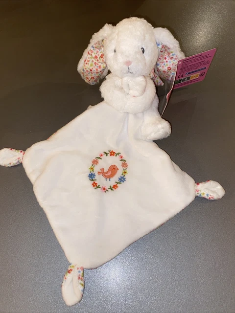 Doudou Peluche Lapin Mouchoir Fleur Rose Oiseau Blanc Pommette Intermarche
