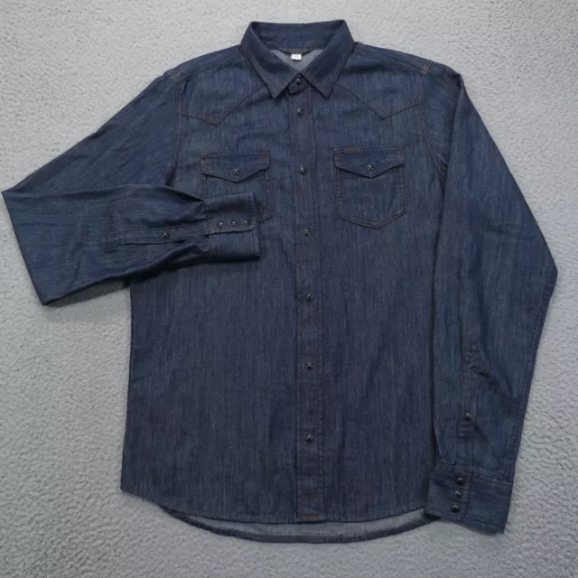 Diesel Jeans Shirt Mens Large Western Black Pearl Snap Dark Wash Chambray Button