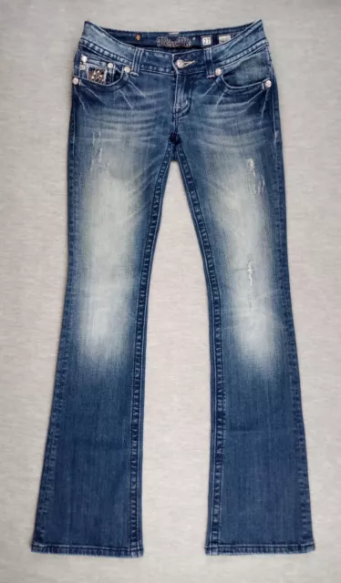 Miss Me Boot Womens Sz 27 Blue Denim Embellished Distressed Western Stretch Jean