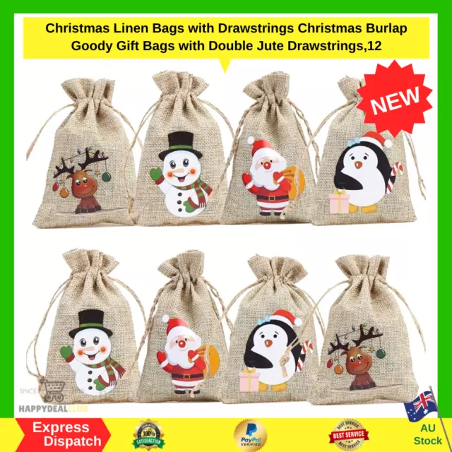 12X Christmas Drawstrings Linen Bags Burlap Goody Gift Bag Xmas Candy Santa Sack