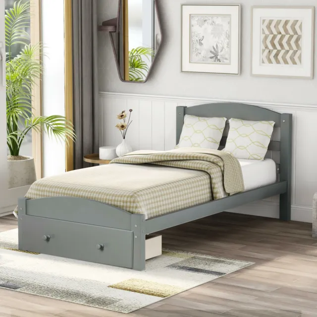 Sturdy Platform Twin Size Bed Frame w/Storage Drawer and Wood Slat Support Gray