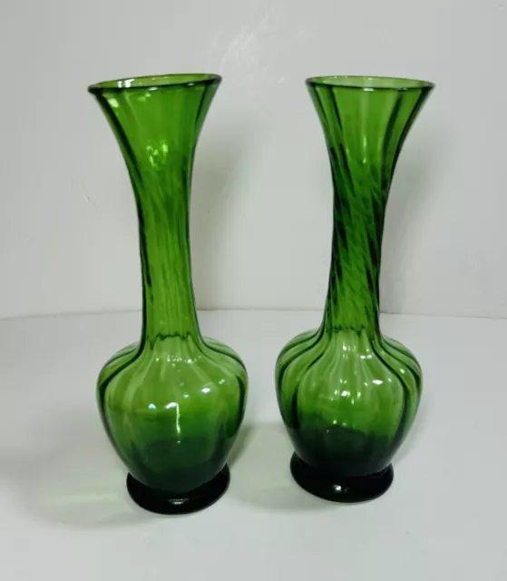 Pair Of Vintage retro Mid Century Green Glass Bud Vases 21cm High