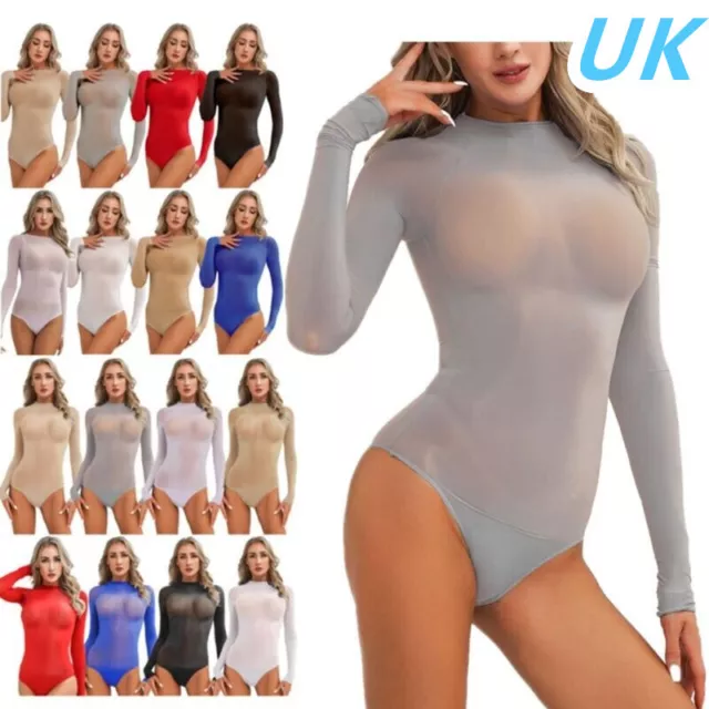 UK Womens Oil Silky Glossy Long Sleeve Bodysuit Sheer Bodycon Jumpsuit Rompers