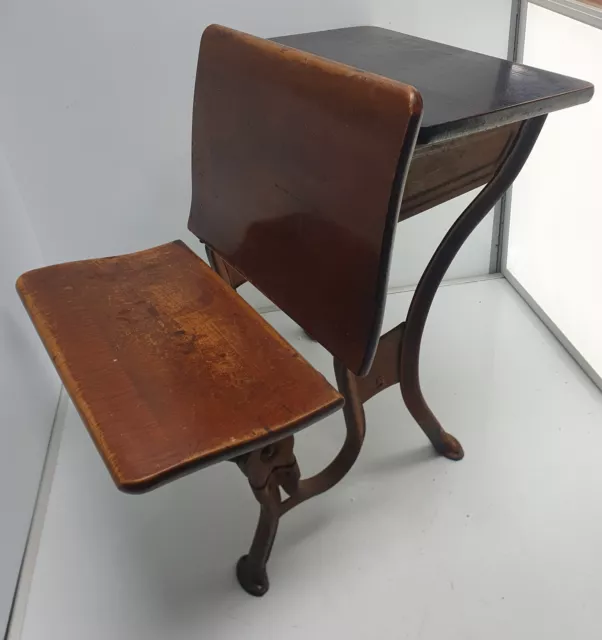 Antique Child School Desk Folding Chair Cast Iron & Wood