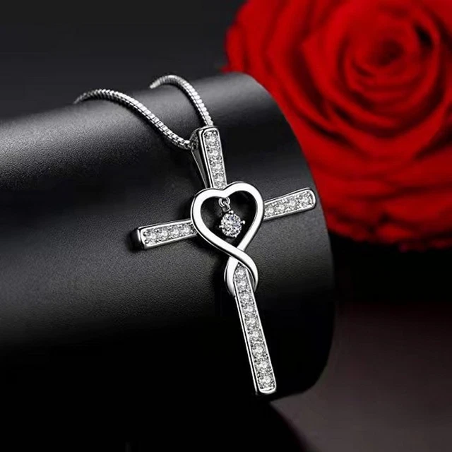 925 Silver Crystal Cross Pendant Necklace Clavicle Chain Women Jewellery Gifts