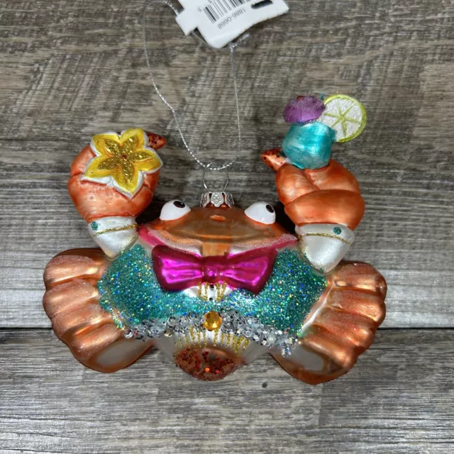 Place & Time Tropical Crab Blown Glass Christmas Ornament Glitter Sea Life