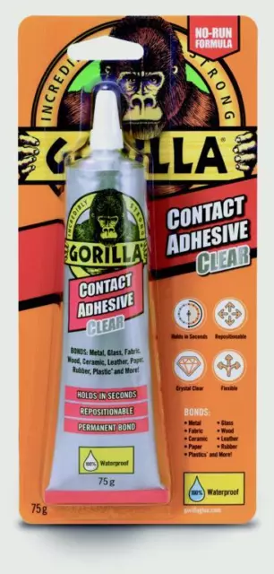 Gorilla Contact Adhesive Clear Glue Waterproof Bond Wood Glass Metal Fabric 75g