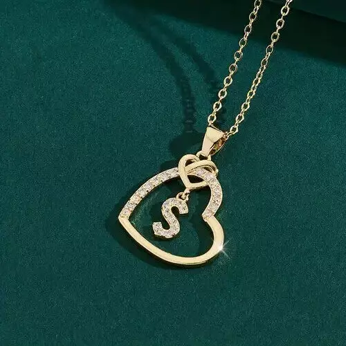 Diamond 1Ct Round Cut Lab Created Heart Letter-S Pendant 14K Yellow Gold Plated