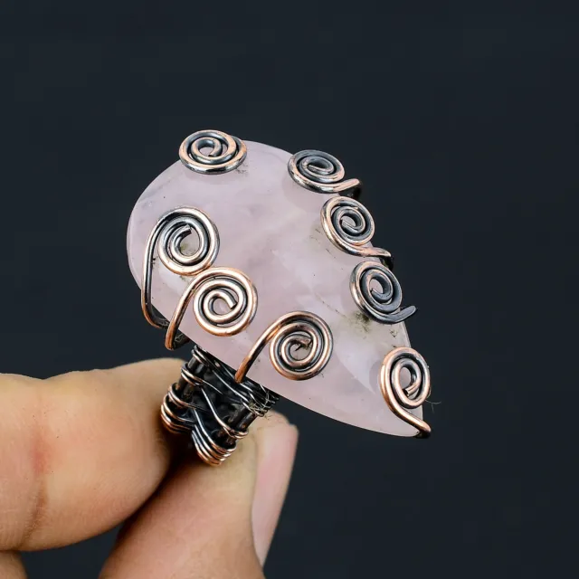 Rose Quartz Gemstone Handmade Copper Wire Wrap Gift Jewelry Ring Size 9.5 m986